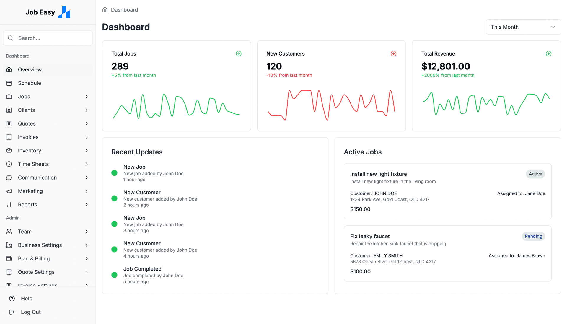 Job Easy Dashboard Preview for Tradies and Service-Based Businesses